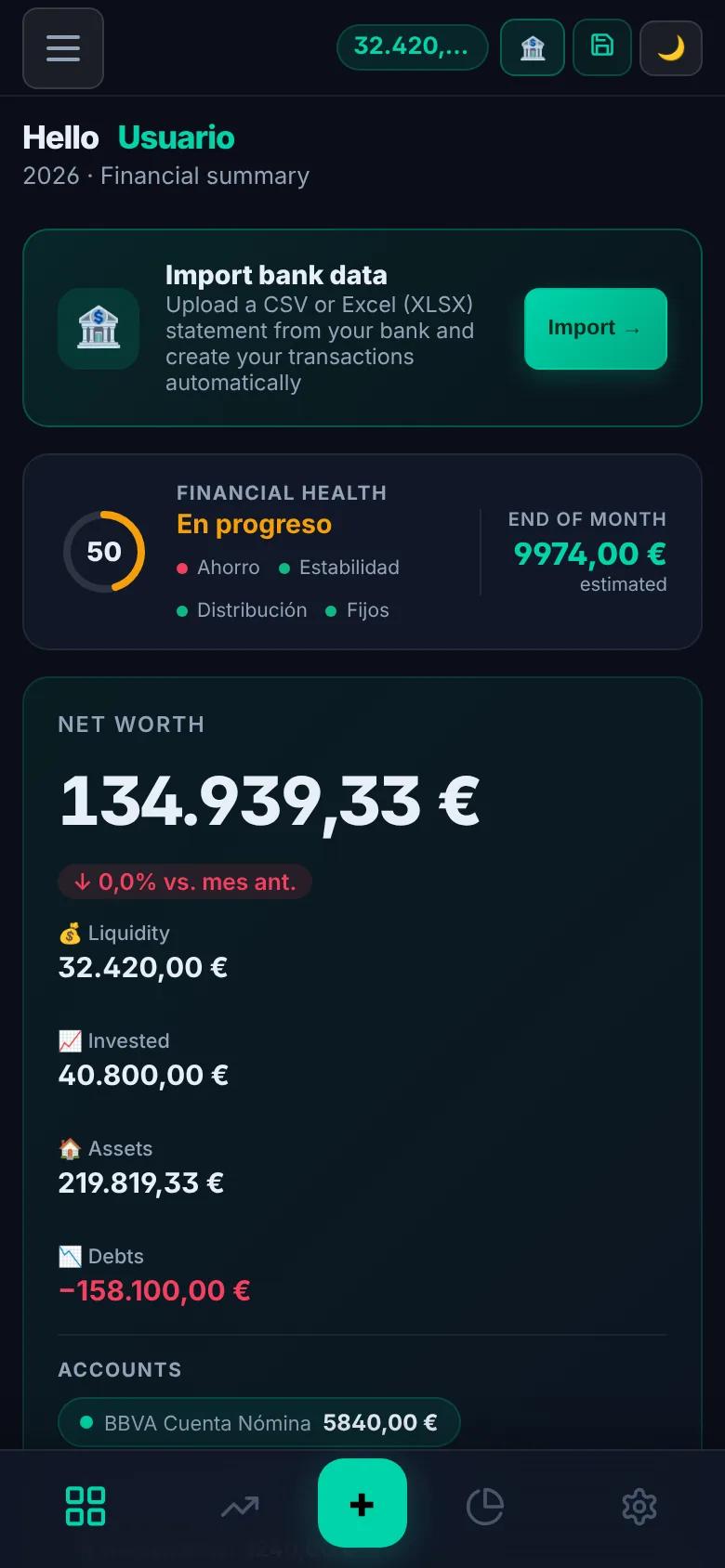 MoneyNest dashboard on a phone